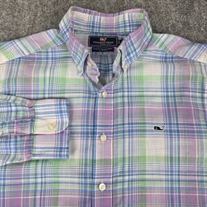 Vineyard Vines Shirt Mens Slim Fit Medium Blue Green Purple Plaid Whale Logo
